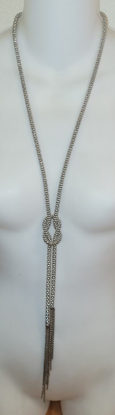 Vintage Extra Long Mesh Silvertone Knot Lariat Y Drop Fringe Boho Necklace